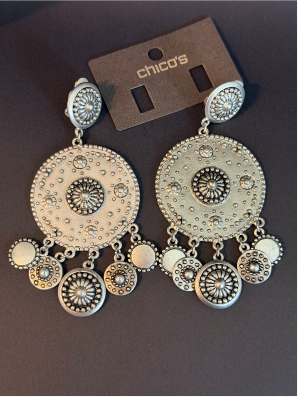 Women's Chico's Silver Tone Medallion / Shield style Statement Dangle Earrings